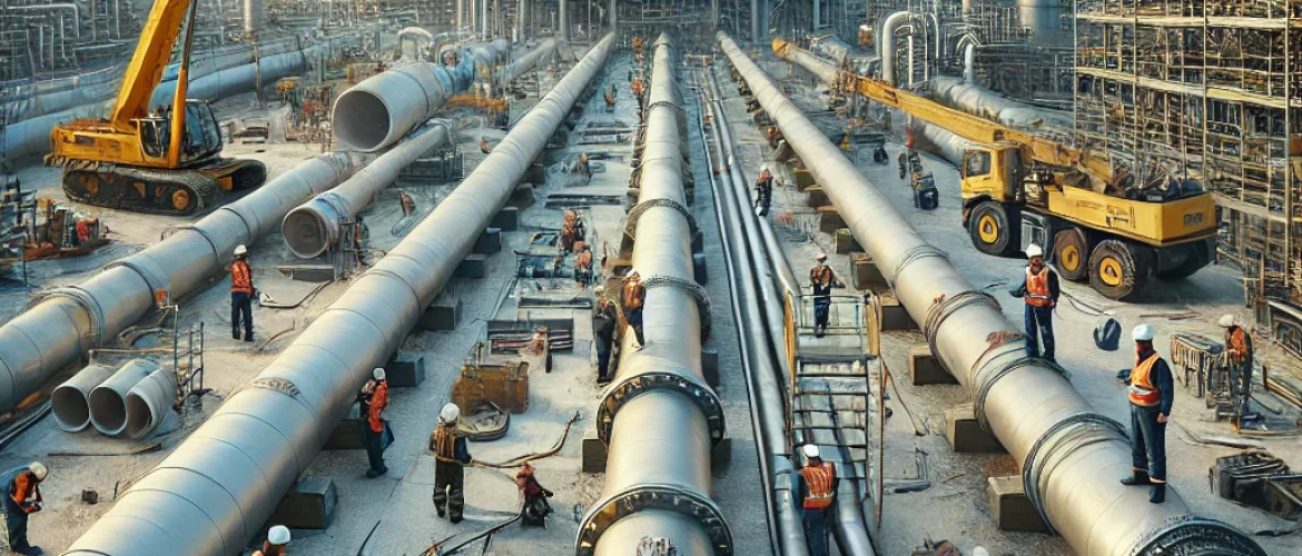 DALL·E 2025-03-25 13.54.48 - A detailed view of piping and pipeline field installation at an industrial construction site. Workers in safety gear weld large pipelines while cranes DALL·E 2025-03-25 13.54.48 - A detailed view of piping and pipeline field installation at an industrial construction site. Workers in safety gear weld large pipelines while cranes