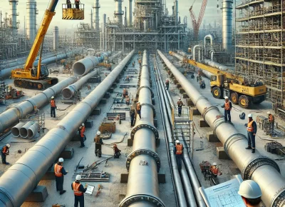DALL·E 2025-03-25 13.54.48 - A detailed view of piping and pipeline field installation at an industrial construction site. Workers in safety gear weld large pipelines while cranes