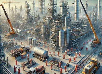DALL·E 2025-03-25 14.07.47 - A broader view of plant maintenance and turnaround services at an industrial site. Multiple teams in safety gear work on various sections of the plant