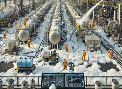 DALL·E 2025-03-25 14.31.06 - A wider view of an industrial chemical cleaning and foam cleaning process. Multiple teams of workers in safety gear apply foam to extensive pipeline n
